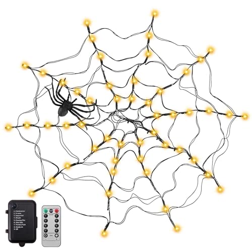 znutc Halloween-Dekorationen, Spinnennetz-, beleuchtetes Spinnennetz für Fenster | Spinnennetz-kette 80 orange LED,Mit Batteriekasten und Fernbedienungslicht, 8 Blinkmodi für den Innenbereich von 3,9 von znutc