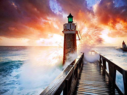 znwrr Leuchtturm im stürmischen Meer bei Sonnenuntergang, DIY Malen nach Zahlen für Erwachsene und Kinder, Acrylfarbe Leinwand Ölgemälde 40x40cm von znwrr
