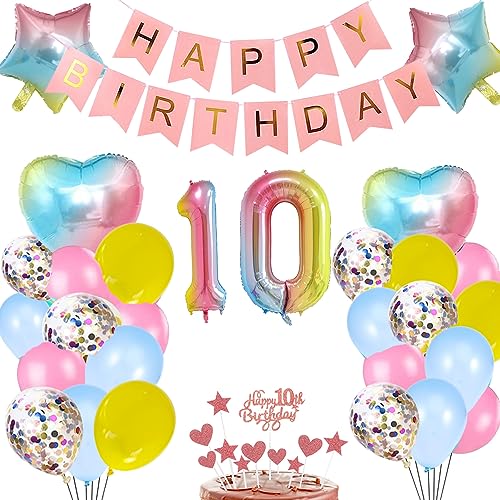 10. Geburtstag Deko Rosa Regenbogen für Mädchen, Herz Zahl Folienballons Happy Birthday Banner Luftballon Konfetti Ballons Tortendeko Kuchendeko Geschenk für 10 Jahre Kinder Tochter Party Dekoration von zooting