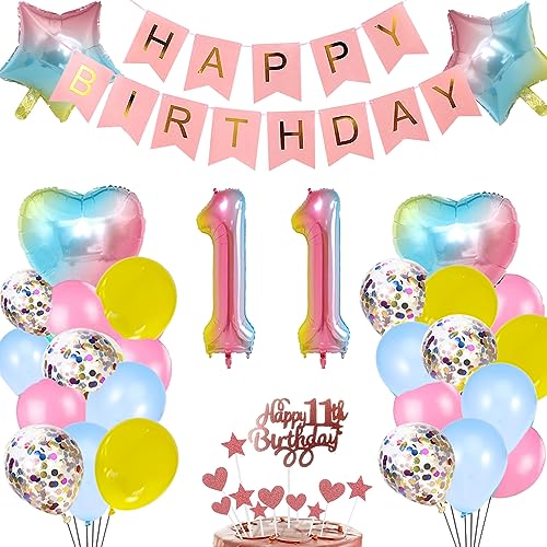 11. Geburtstag Deko Rosa Regenbogen für Mädchen, Herz Zahl Folienballons Happy Birthday Banner Luftballon Konfetti Ballons Tortendeko Kuchendeko Geschenk für 11 Jahre Kinder Tochter Party Dekoration von zooting