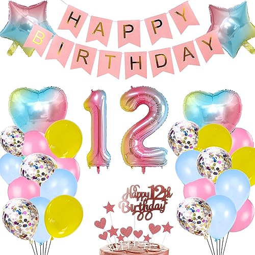 12. Geburtstag Deko Rosa Regenbogen für Mädchen, Herz Zahl Folienballons Happy Birthday Banner Luftballon Konfetti Ballons Tortendeko Kuchendeko Geschenk für 12 Jahre Kinder Tochter Party Dekoration von zooting