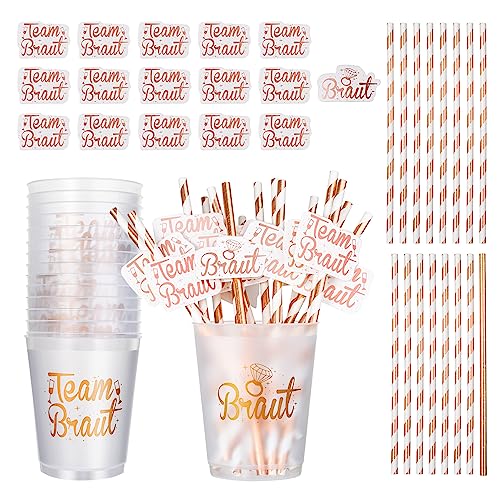 16 Stück JGA Becher Team Braut Zubehör Set für Frauen Frau, Rosegold Team Bride Tribe Plastik Cups Tassen Trinkbecher Mit Strohhalm Bride To be Aufkleber Accessoires für Junggesellenabschied Party von zooting