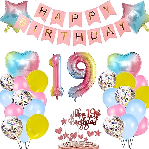 19. Geburtstag Deko Rosa Regenbogen für Mädchen,Herz Zahl Helium Folienballon Happy Birthday Banner Luftballon Konfetti Ballons Tortendeko Kuchendeko Geschenk für 19 Jahre Frau Frauen Party Dekoration von zooting