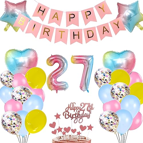 27. Geburtstag Deko Rosa Regenbogen für Mädchen,Herz Zahl Helium Folienballon Happy Birthday Banner Luftballon Konfetti Ballons Tortendeko Kuchendeko Geschenk für 27 Jahre Frau Frauen Party Dekoration von zooting