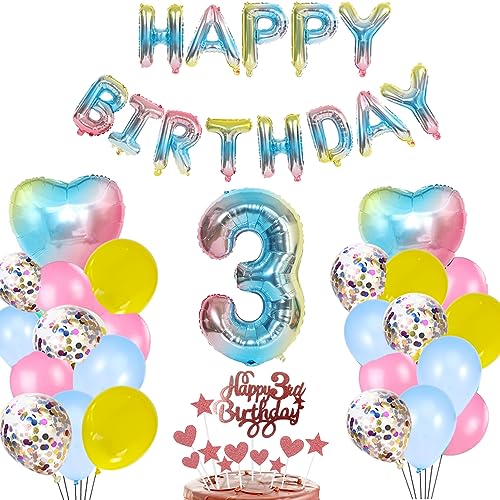 3. Geburtstag Deko Blau Regenbogen für Mädchen Junge Jungs, Stern Herz Zahl Folienballons Happy Birthday Banner Luftballon Konfetti Ballons Tortendeko Geschenk für 3 Jahre Baby Kinder Party Dekoration von zooting