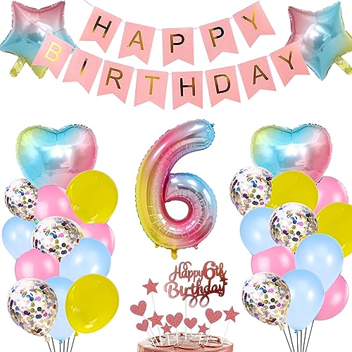 6. Geburtstag Deko Rosa Regenbogen für Mädchen, Stern Herz Zahl Folienballons Happy Birthday Banner Luftballon Konfetti Ballons Kuchendeko Geschenk für 6 Jahre Baby Kinder Tochter Party Dekoration von zooting