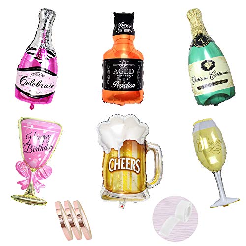 Folienballon Sektflasche Deko Set ,6 Stück Champagner Weinflasche mit Glas Helium luftballons,Riesen Inflated Aluminiumfolie Ballons für Geburtstag Urlaub Hochzeit Party Dekoration (xxxl 100cm) von zooting