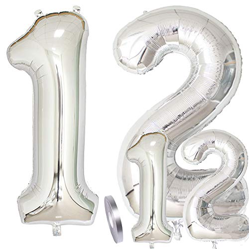 zooting Luftballons Zahl 12 Geburtstag XXL Silber - Riesen Folienballon Figuren in 2 Größen 40" & 16" | Set XXL 100cm + Mini 40cm Version Geburtstagsdeko | Vier Zahlen | Ideal zum 12. als Deko von zooting