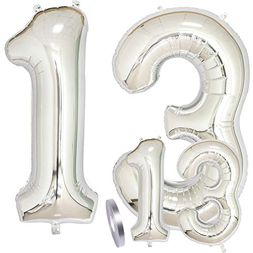 zooting Luftballons Zahl 13 Geburtstag XXL Silber - Riesen Folienballon Figuren in 2 Größen 40" & 16" | Set XXL 100cm + Mini 40cm Version Geburtstagsdeko | Vier Zahlen | Ideal zum 13. als Deko von zooting