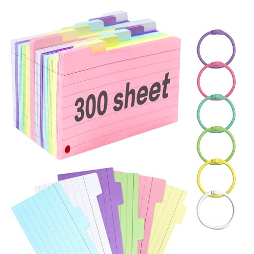 300pcs Karteikarten,Karteikarten Vokabelkarten Mit Bindering，3.3 * 4.9inch Karteikarten Liniert Index Cards Mit Ring Zum Lernen Für Schule BüRo、Haus（6 Farbe） von ztowoto