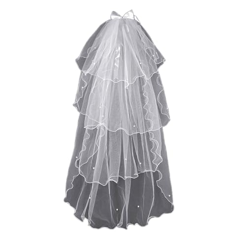 zuousxbs Brautschleier mit Perlen und Schleife, Schleier, Kopfbedeckung, Hochzeitshaar, transparent, weiß, Hochzeitsschleier, Kopftuch, Mantilla-Schleier von zuousxbs