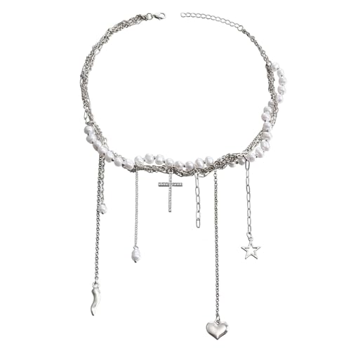 zuousxbs Einzigartige mehrlagige Perlenkette mit stilvollem Anhänger, Choker-Halsketten, Kette, Halsschmuck, Modeschmuck für Frauen und Mädchen von zuousxbs