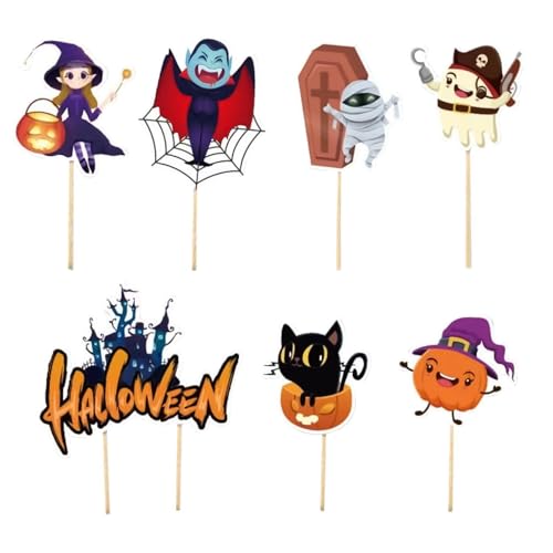 Halloween-Dessert-Topper, 7 x Papier-Cupcake-Dekorationen, Schloss, Zombie, Geist, Hexe, schwarze Katze, Vampir, , Friedhof, Grabstein, Cupcake-Topper für Horror-Party von zwxqe