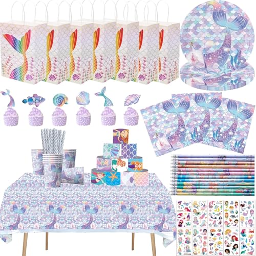 zycBernoi 145 Pcs Meerjungfrau Partygeschirr Set, Meerjungfrau Kindergeburtstag Party Mitgebsel, Party Taschen, Meerjungfrau Geburtstag Geschirr mit Teller Tischdecken Tassen Servietten für Mädchen von zycBernoi