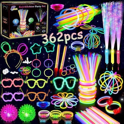 zycBernoi 362 Stück Knicklichter Party Set, LED Leuchtstab Glasfzaser mit 200 Verbinder, LED Igelball, Brille, Armreif, Leuchtspielzeug für Festival Hochzeiten Weihnacht Party Silvester Deko 2025 von zycBernoi