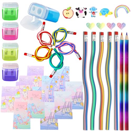 zycBernoi 27 Stück Schulanfang Set, Biegebleistifte, Bleistiftspitzer, Radiergummi, Notizbuch, Geschenk Einschulung für Mädchen und Junge, Einschulung Geschenke Füllung, Kinder Party Mitgebsel von zycBernoi