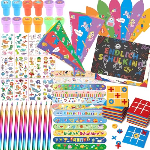 zycBernoi 78 Stück Kinder Einschulung Mitgebsel Set, Faltbare Zuckertüte, Einladungskarte, Tic Tac Toe-Packungen, Tierstempel, Kinder Party Geschenke von zycBernoi