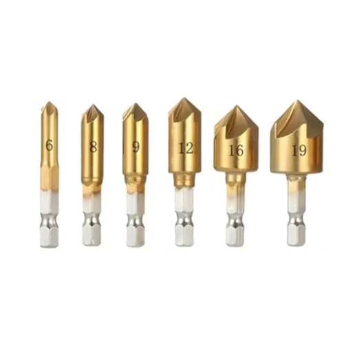 6 Stück/Set 5 Nuten 90 Grad Titanbeschichteter Senkerbohrer for die Holzbearbeitung 6 mm – 19 mm HSS-Fasenfräser(6PCS) von zyzZSRHZYZ