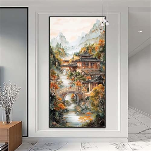 Diamond Painting Erwachsene/Kinder, Herbst Diamond Painting Dorf Malen nach Zahlen Groß Full Diamant Cross Stickerei Malerei Diamant Painting Bilder für Deko Wohnzimmer MädchenGeschenk 50x100cm X-951 von zzgoanguo