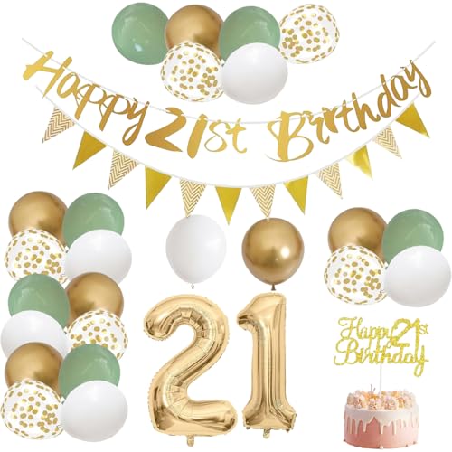 ZZMORNI Geburtstag Deko 21 Frau Mann Gras Grün Dekoration 21. Geburtstag Banner Dekoration 21. Geburtstag Girlande Zahlen 21. Ballon Geburtstag Grün Weiß Gold Party Ballon Kuchen Deko (21. Geburtstag) von zzmorni